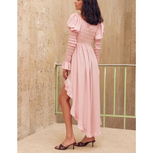 Sleeper Juliette Off Shoulder Smocked Midi Dress M Fairy Pink Shirred NEW $370 - Picture 3 of 14